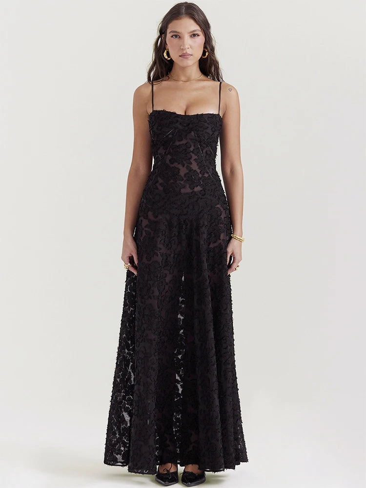 Women's Sheer Lace Boho Maxi Dress - Sleeveless Spaghetti Strap Party Dress