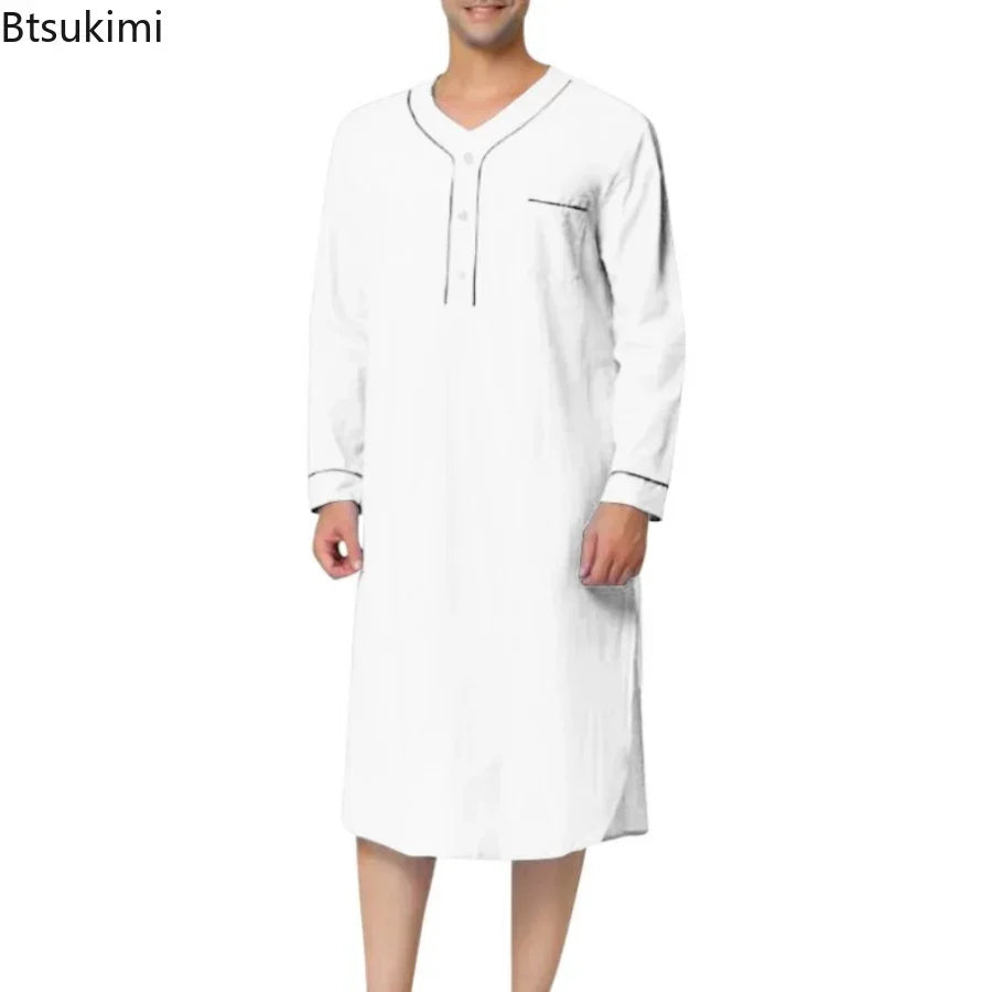 New 2025 Men Jubba Thobe Solid Color Pajamas Fashion Solid Loose Muslim Robe Long-sleeved Nightgown Bathrobes Mens Muslim Kaftan