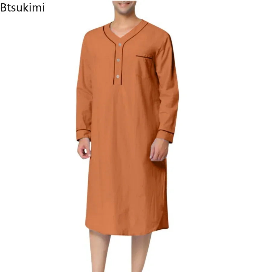New 2025 Men Jubba Thobe Solid Color Pajamas Fashion Solid Loose Muslim Robe Long-sleeved Nightgown Bathrobes Mens Muslim Kaftan