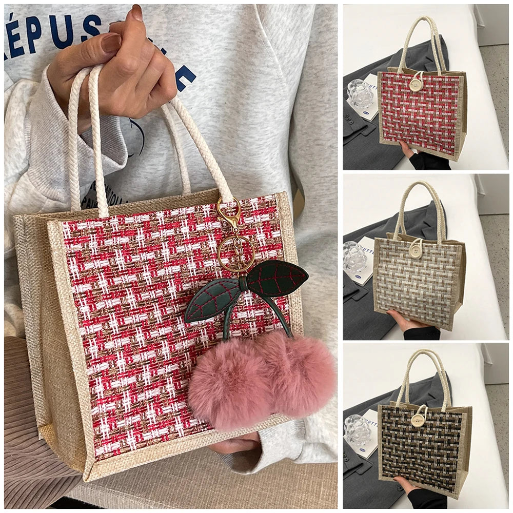 Retro Braided Pattern Jute Tote Bag - Large Capacity Grocery & Beach Handbag
