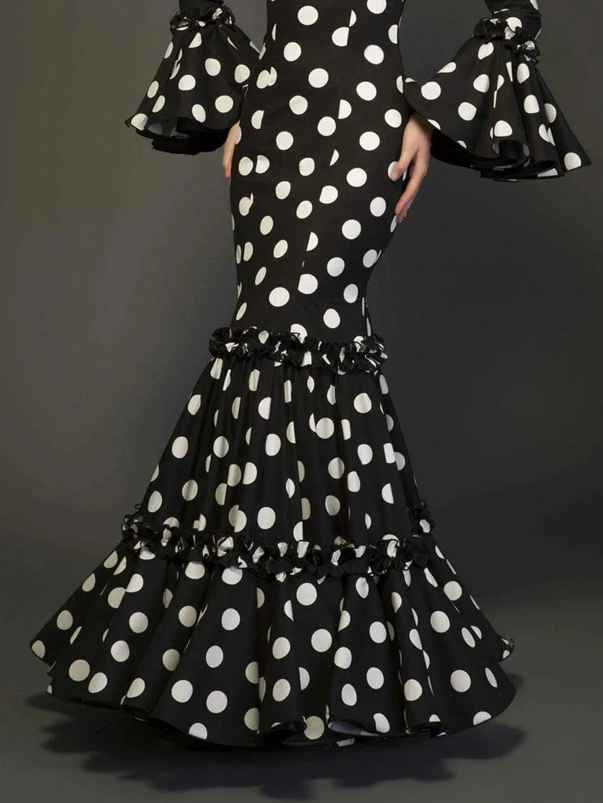Polk Dot Print Long Dress - Flare Sleeve Ruffle Elegant Trumpet Dress