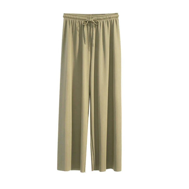 Women Ankle-Length Wide Leg Pants - Casual Summer Elastic Waist Ice Silk Trousers