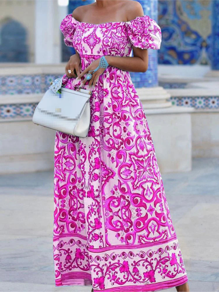Summer Boho Print Maxi Dress - Puff Sleeve Off Shoulder Beach Dress