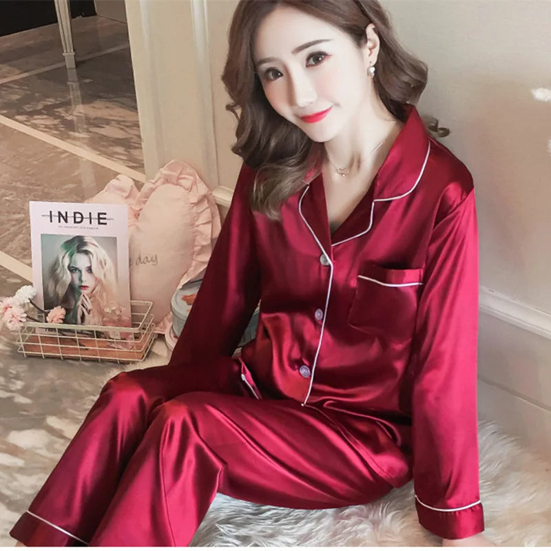 Women's Silk Pajama Set - Long Sleeve Ice Silk Sleepwear with Cardigan