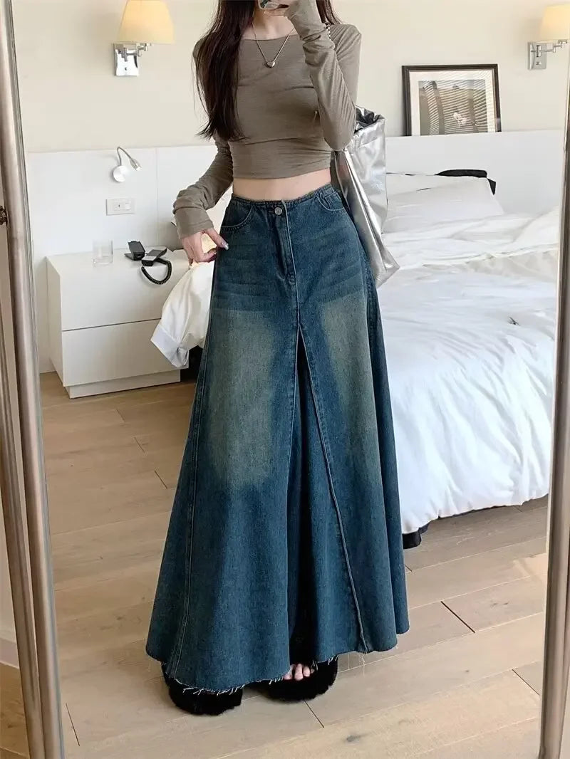 Vintage Washing Denim Skirt - High-Waisted A-Line Long Dress