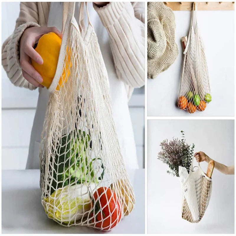 Portable Reusable Grocery Bags - Cotton Mesh String Shopping Tote