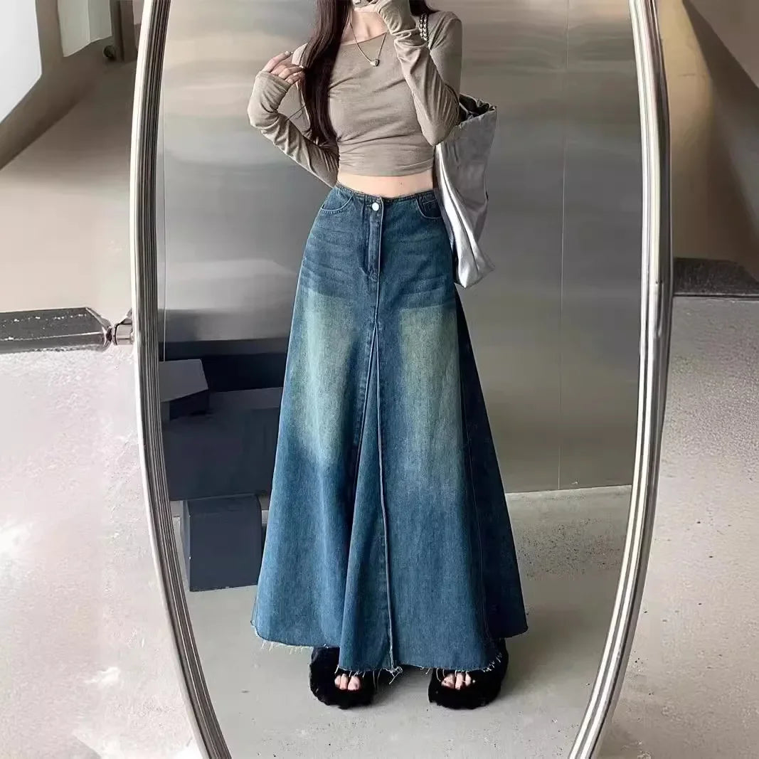 Vintage Washing Denim Skirt - High-Waisted A-Line Long Dress