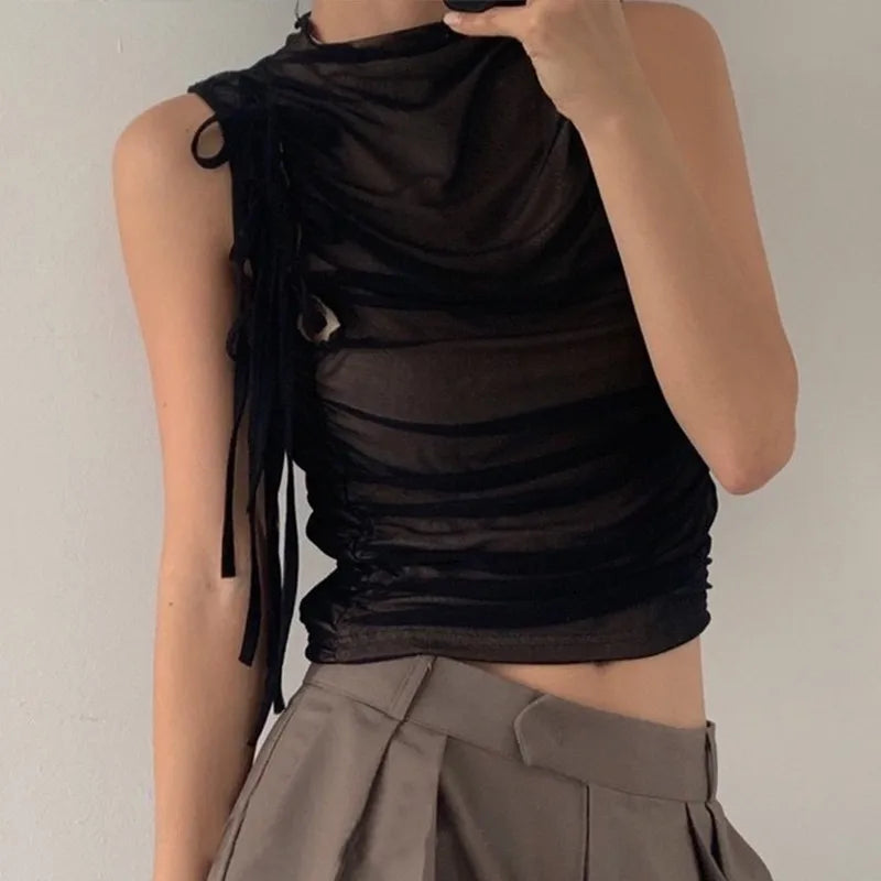 Tonngirls Vintage Tank Tops - Y2K Retro Mesh Crop Tops