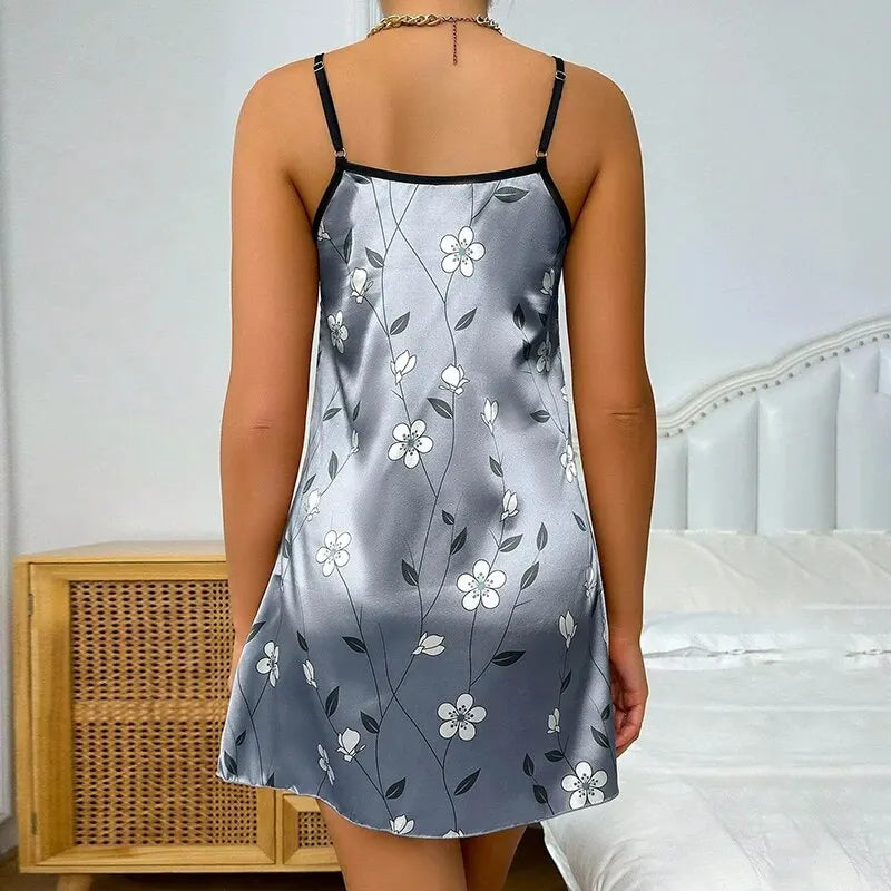 Satin Floral Print Nightdress - Women's Comfortable Sleepwear Dress