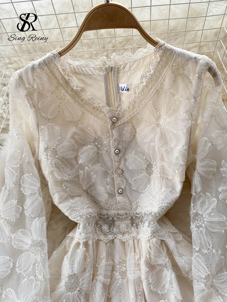SINGREINY Lace French Style Long Dress - Summer V Neck Beach Dress