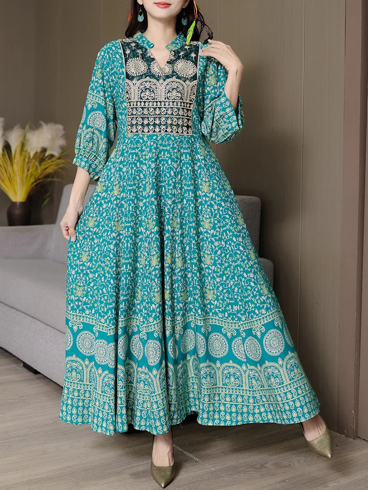 Classic Decent Graphic Print Short Sleeve Split Neck Midi A-Line Abaya