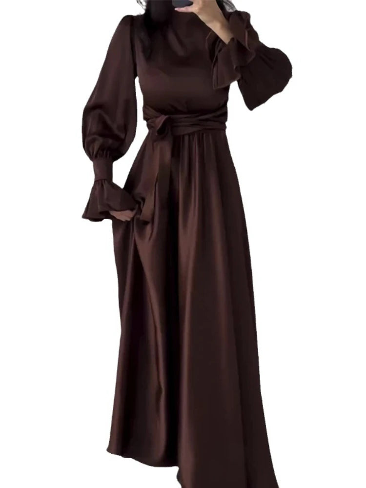 Lotus Leaf Sleeve Satin Abaya Long Dress - Ramadan Party Dress