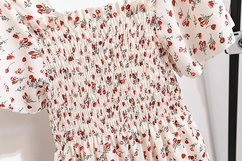 Chiffon Dress - Floral Pleated Midi Dress with Elastic Waist