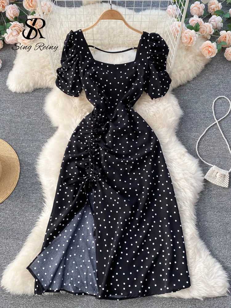 SINGREINY Square Collar Polka Dot Beach Dress - Sweet Chiffon Long Dress