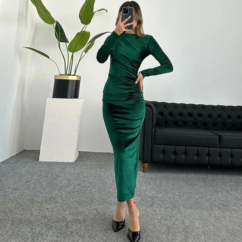Velvet Midi Dress - Ruched Long Sleeve Evening Outfit