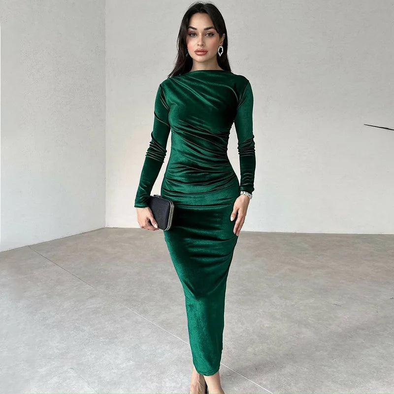 Velvet Midi Dress - Ruched Long Sleeve Evening Outfit