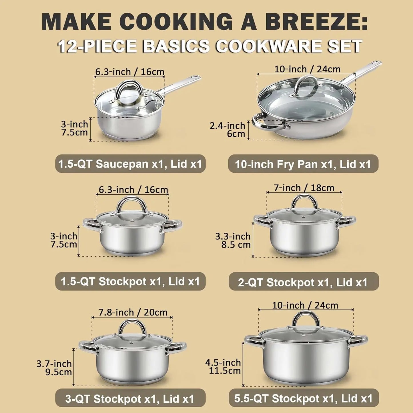 12pc Stainless Cookware Set | Cook N Home Kitchen
