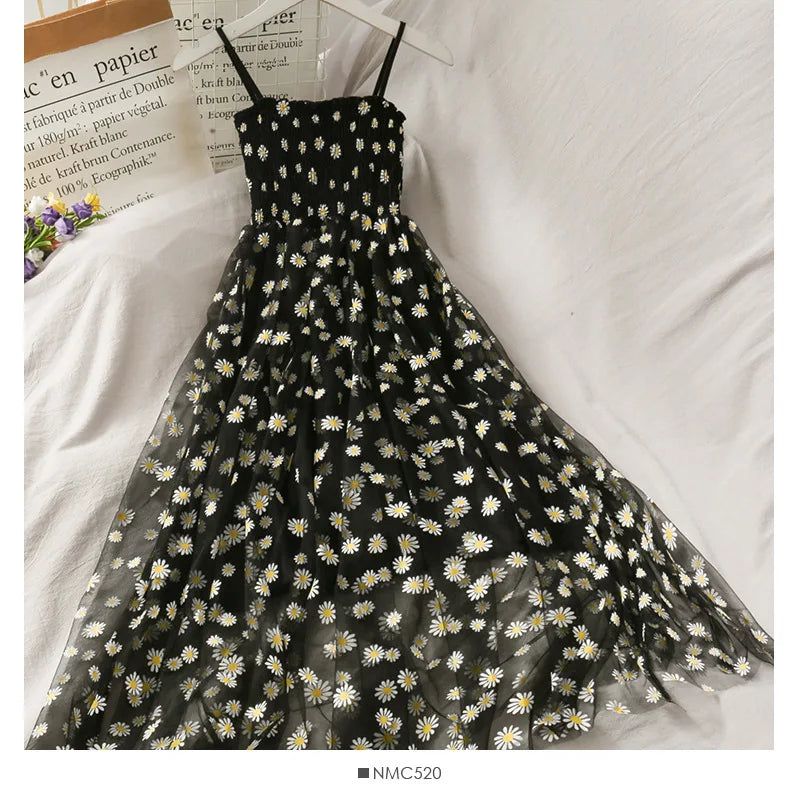 Spaghetti Strap Floral Daisy Mesh Dress - French Retro Beach Vestido
