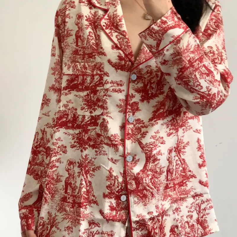 Fashion Print Flower 2PCS Pajamas Set - Women's Spring Summer Lounge Wear