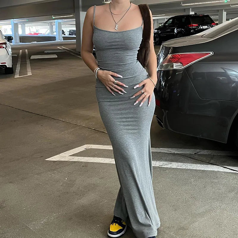 Sexy Spaghetti Strap Black Maxi Dress - Y2K Sleeveless Bodycon Evening Dress