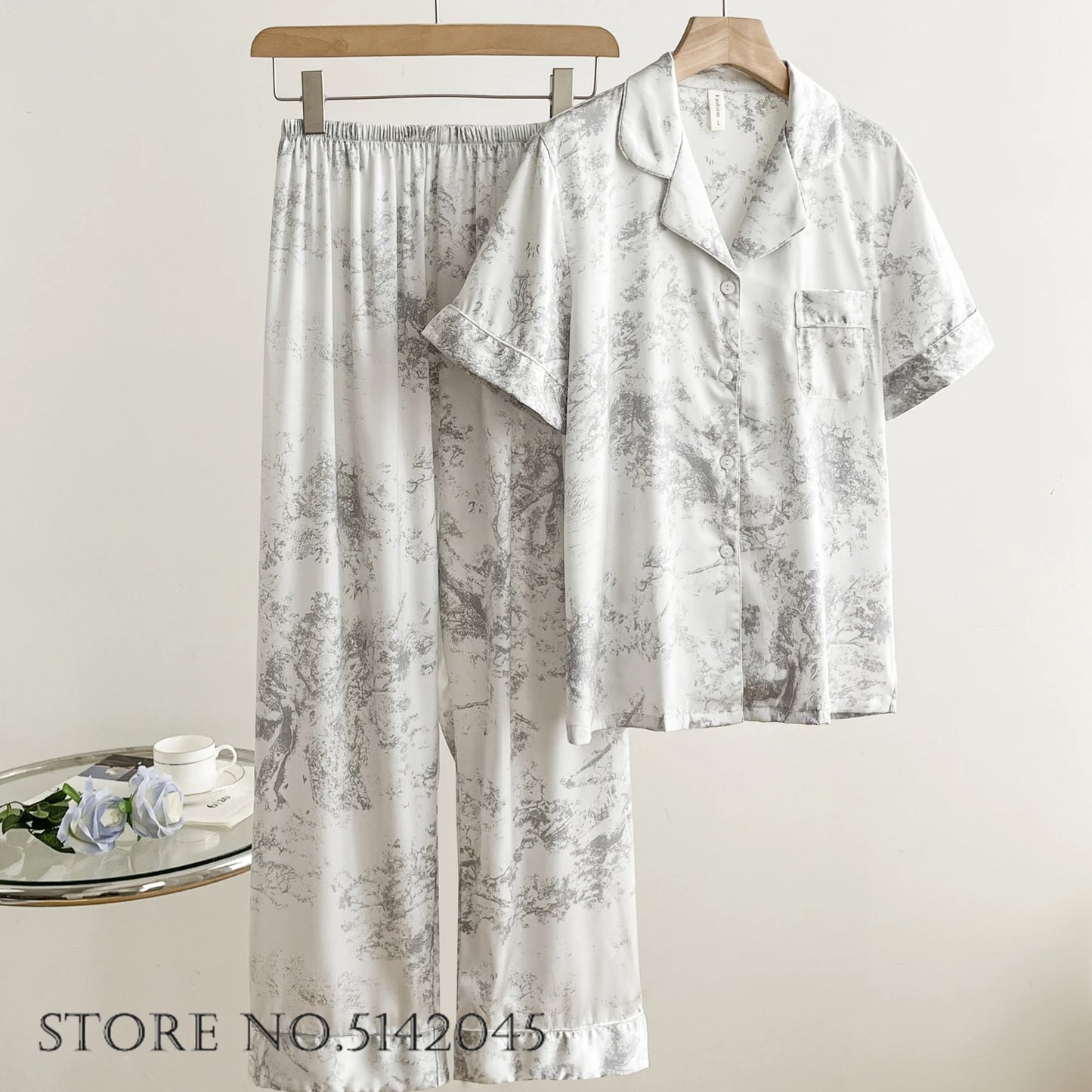 Fashion Print Flower 2PCS Pajamas Set - Women's Spring Summer Lounge Wear