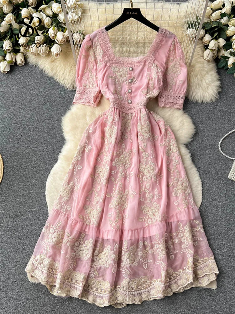 SINGREINY Lace Embroidery Long Dress - French Vintage Floral Midi Sundress