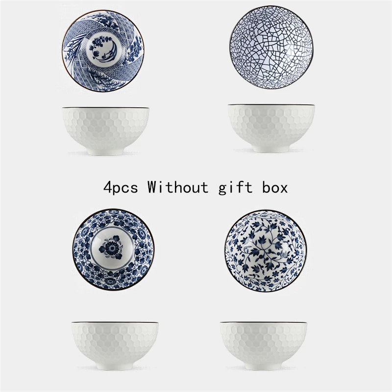 Minimalist Blue Ceramic Dinner Bowl, (300ml) Authentic Flowered Pottery Set, Available in 2/4/6 PCS Set