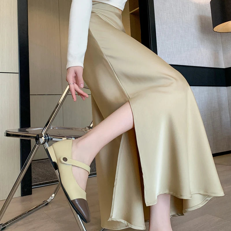 Seoulish Vintage Satin Skirts - Summer Elegant Office Wear