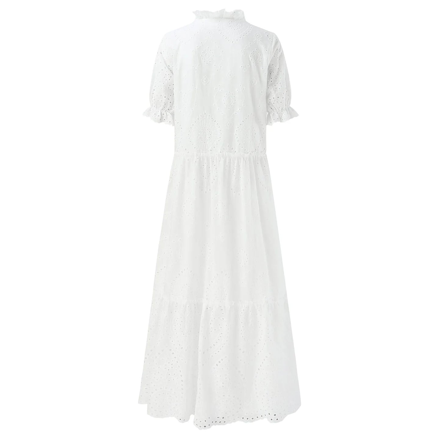 White Bohemian Beach Dress - Casual Hollow Crochet Long Dress