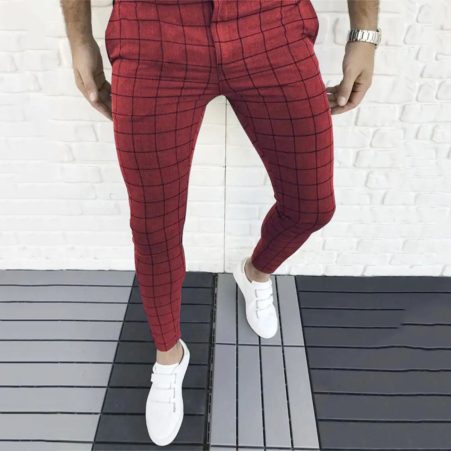 Spring Men Pencil Pants - Slim Fit Plaid Print Trousers