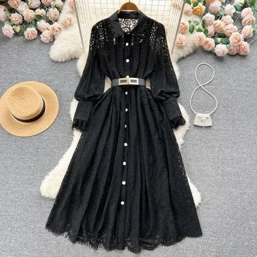 OCEANLOVE Lace Hollow Out Dress - Elegant Black Long Korean Style