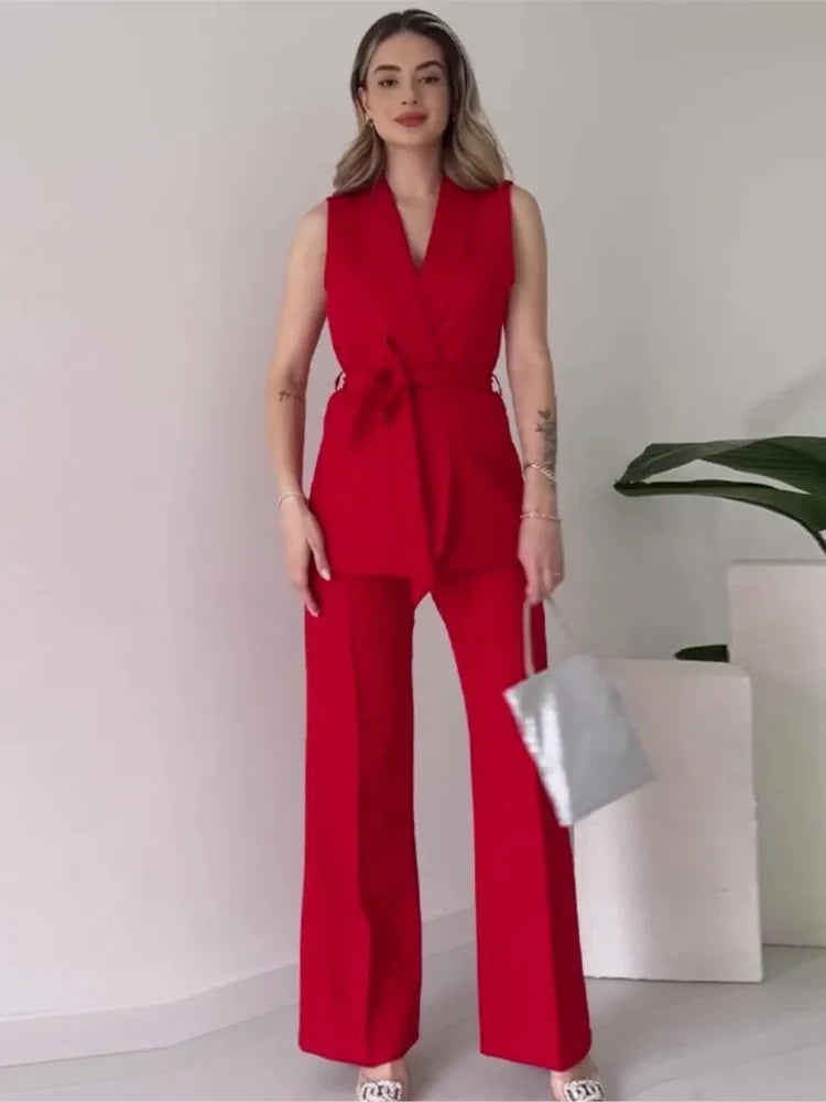 Elegant Solid Color 2-Piece Suit - Sleeveless Top with Long Pants