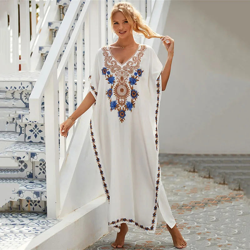 Women's Plus Size Kaftan Dress | Embroidered Caftan Maxi Loungewear & Swimsuit Cover Up