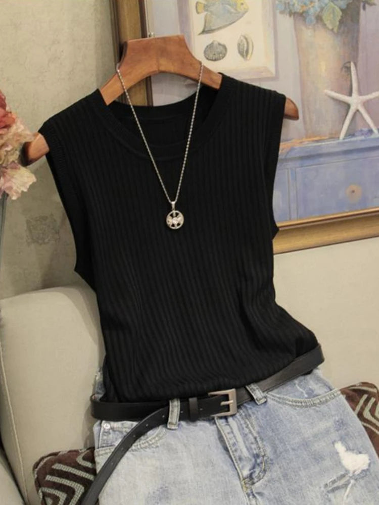 Korea Knitted Vests - Women's Summer Sleeveless O-Neck Blouse
