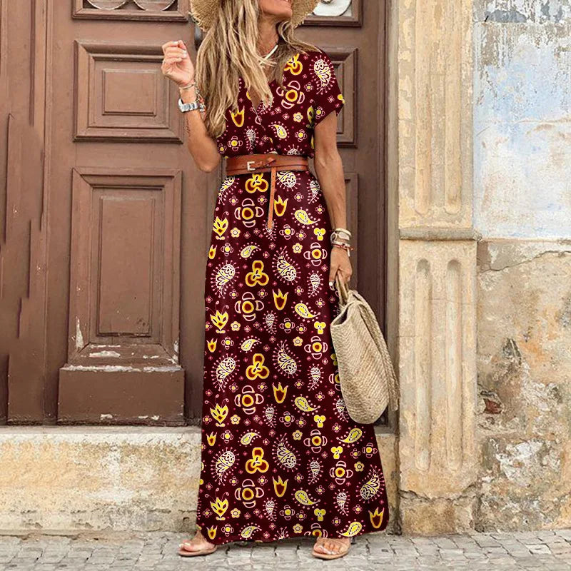 Summer Bohemian V-Neck Long Dress - Floral Print Beach Maxi Dress