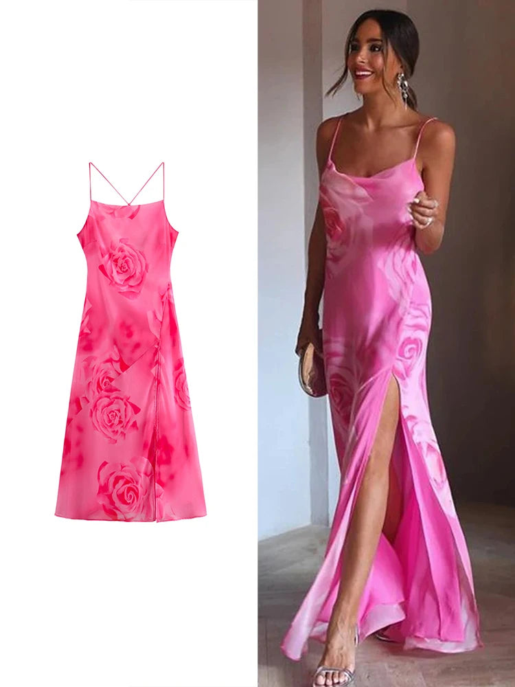 TRAF Women's Rose Printed Halter Dress - Sexy Backless Long Dress