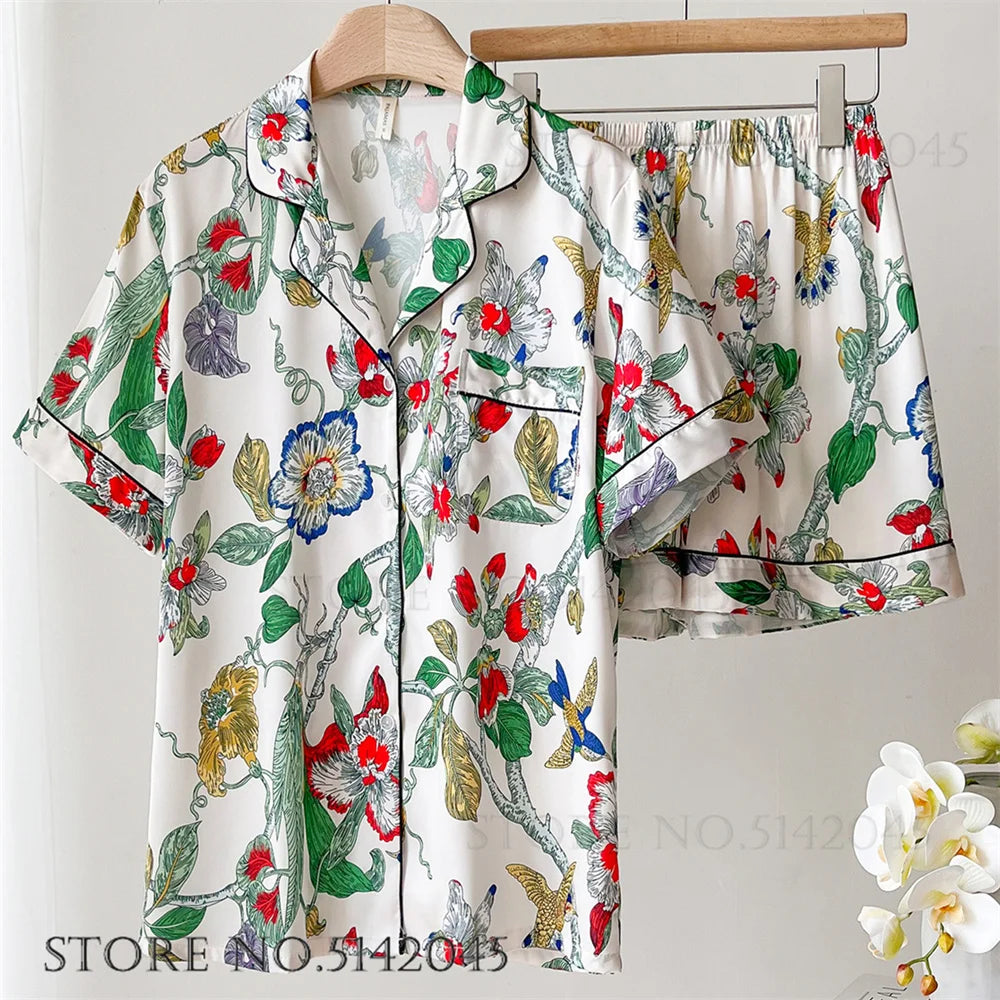 Fashion Print Flower 2PCS Pajamas Set - Women's Spring Summer Lounge Wear