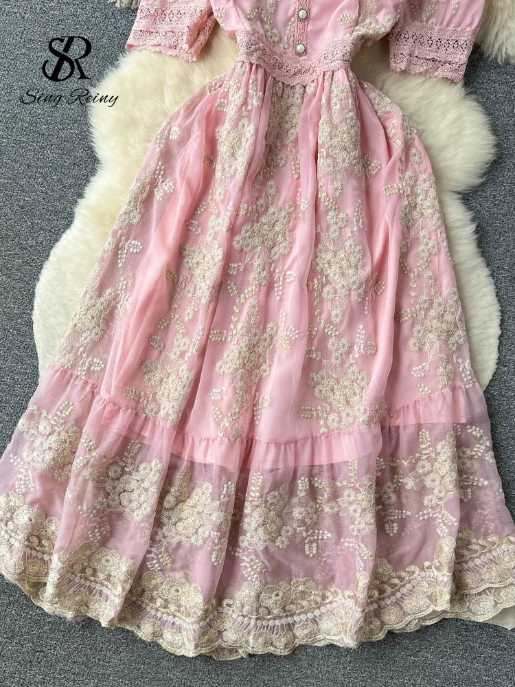 SINGREINY Lace Embroidery Long Dress - French Vintage Floral Midi Sundress