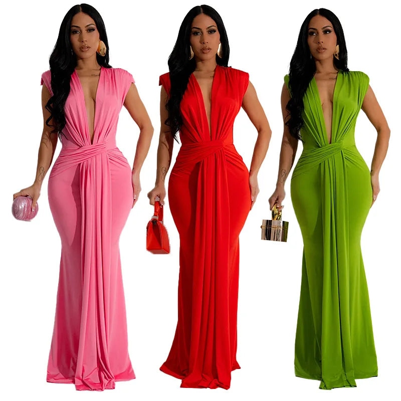 Summer Solid Color High Waisted Long Dress - Deep V-Neck Short Sleeve