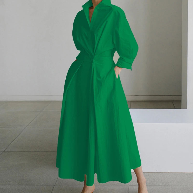 Autumn Maxi Dress - Turn Down Collar Long Sleeve Party Dress