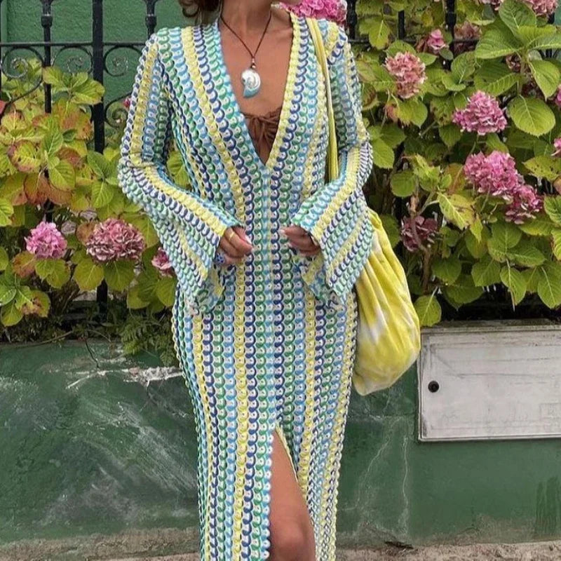 Sexy Rainbow Deep V Neck Split Long Dress - Y2K Knitted Party Dress