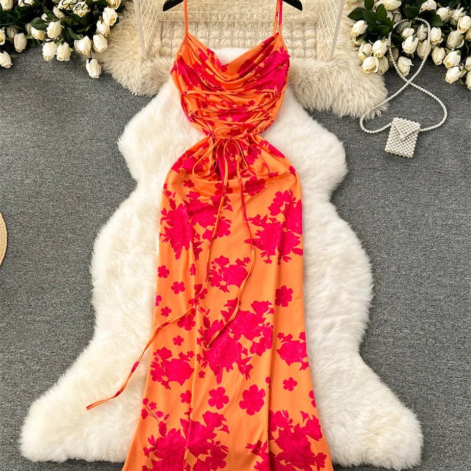 SINGREINY Spaghetti Strap Floral Long Dress - Slim Bodycon Design