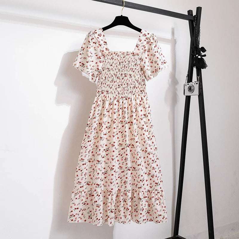 Chiffon Dress - Floral Pleated Midi Dress with Elastic Waist