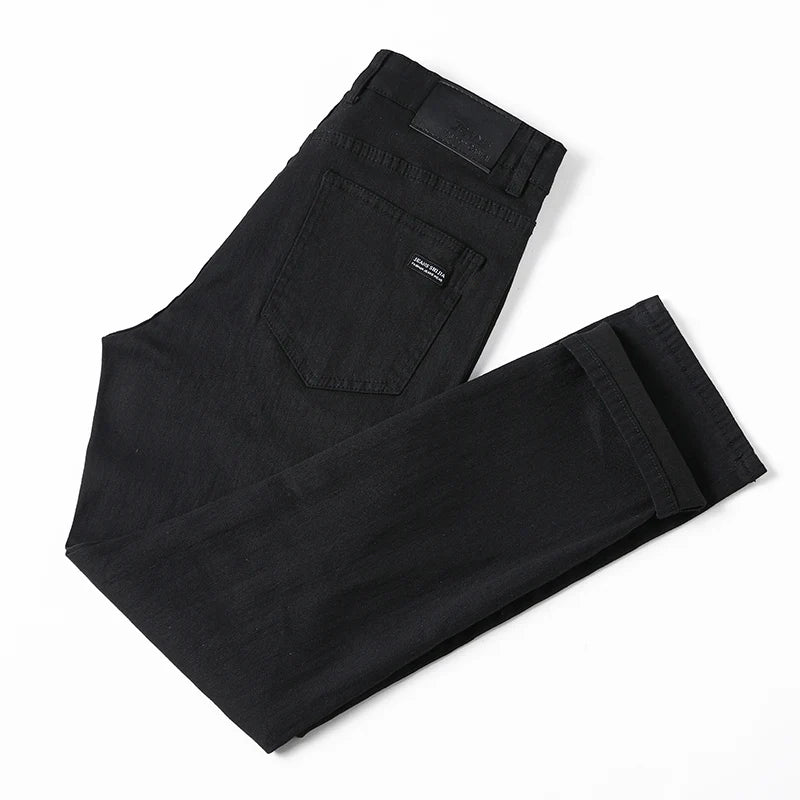 Men's Pure Black Korean Straight Fit Jeans - Comfortable Elastic Business Pants