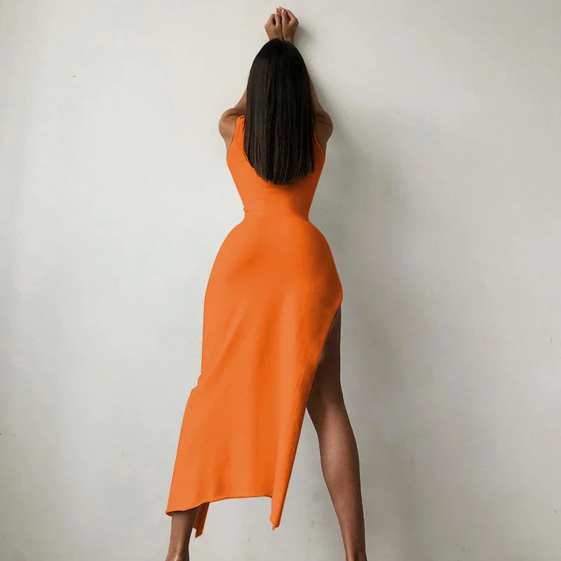 Sleeveless Orange Midi Dress - Side Slit Turtleneck Bodycon