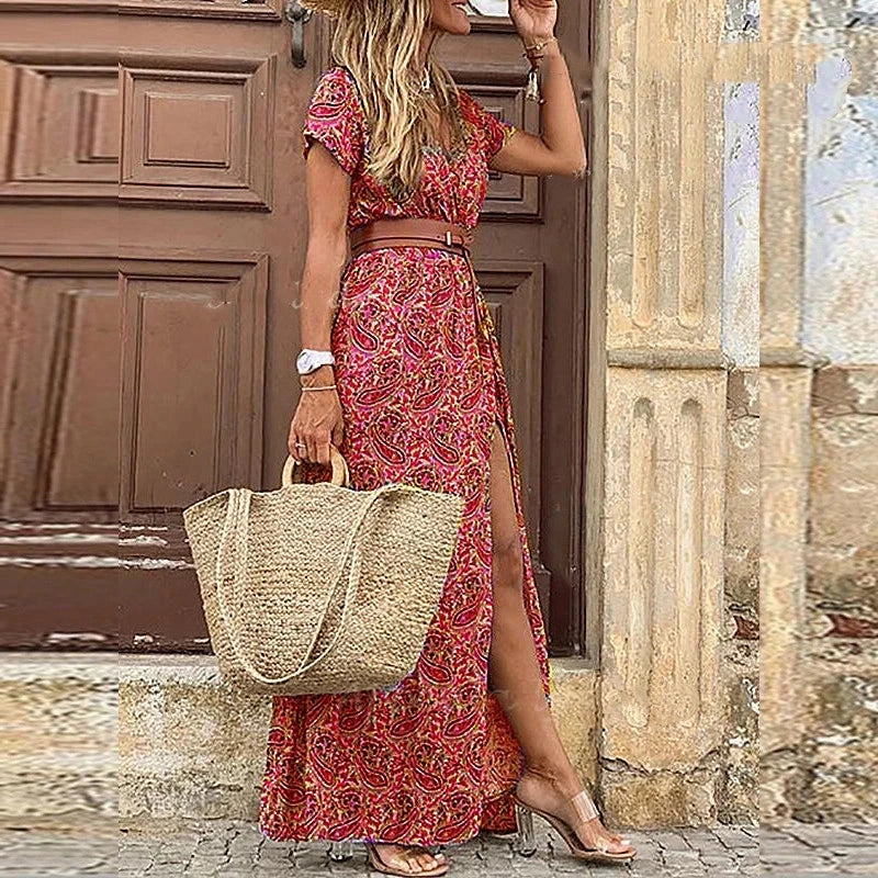 Summer Bohemian V-Neck Long Dress - Floral Print Beach Maxi Dress