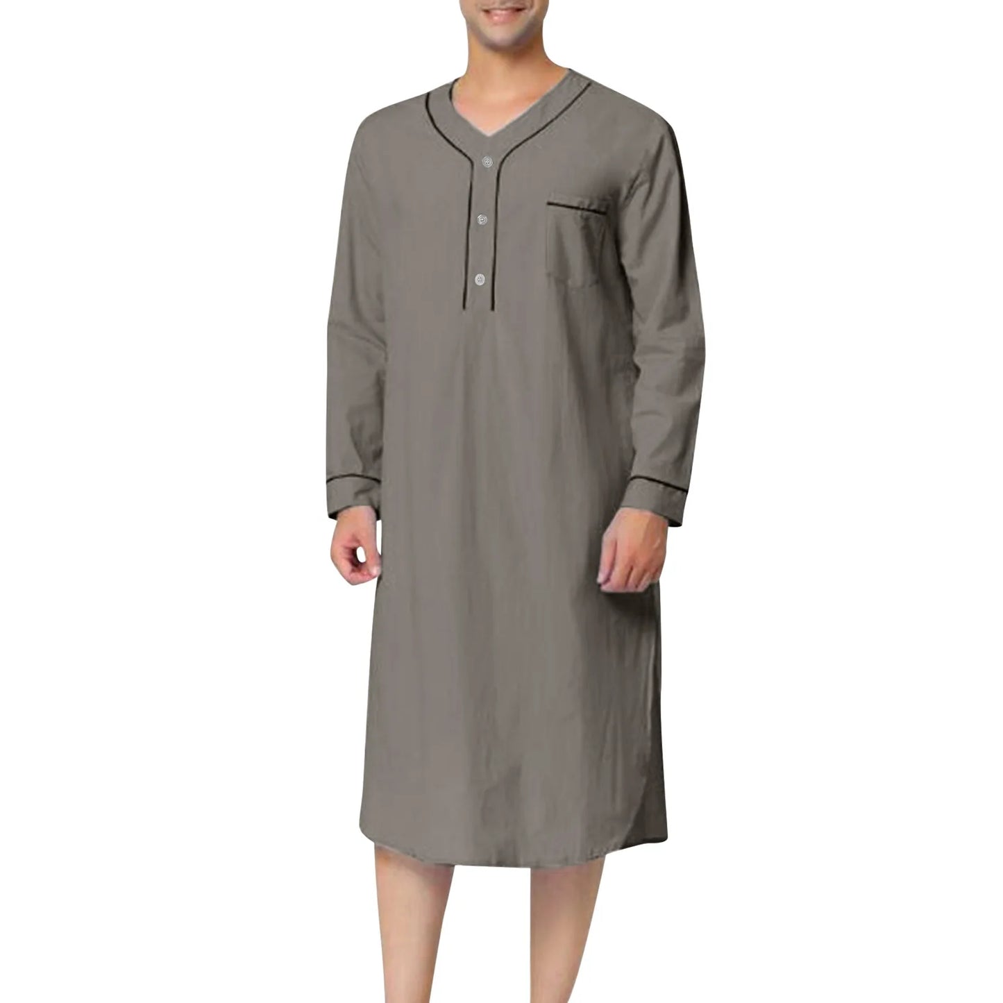 New 2025 Men Jubba Thobe Solid Color Pajamas Fashion Solid Loose Muslim Robe Long-sleeved Nightgown Bathrobes Mens Muslim Kaftan
