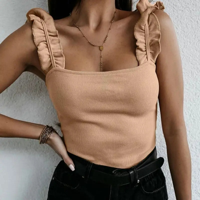 Women's Square Collar Tank Tops - Summer Ribbed Slim Ruffle Tops