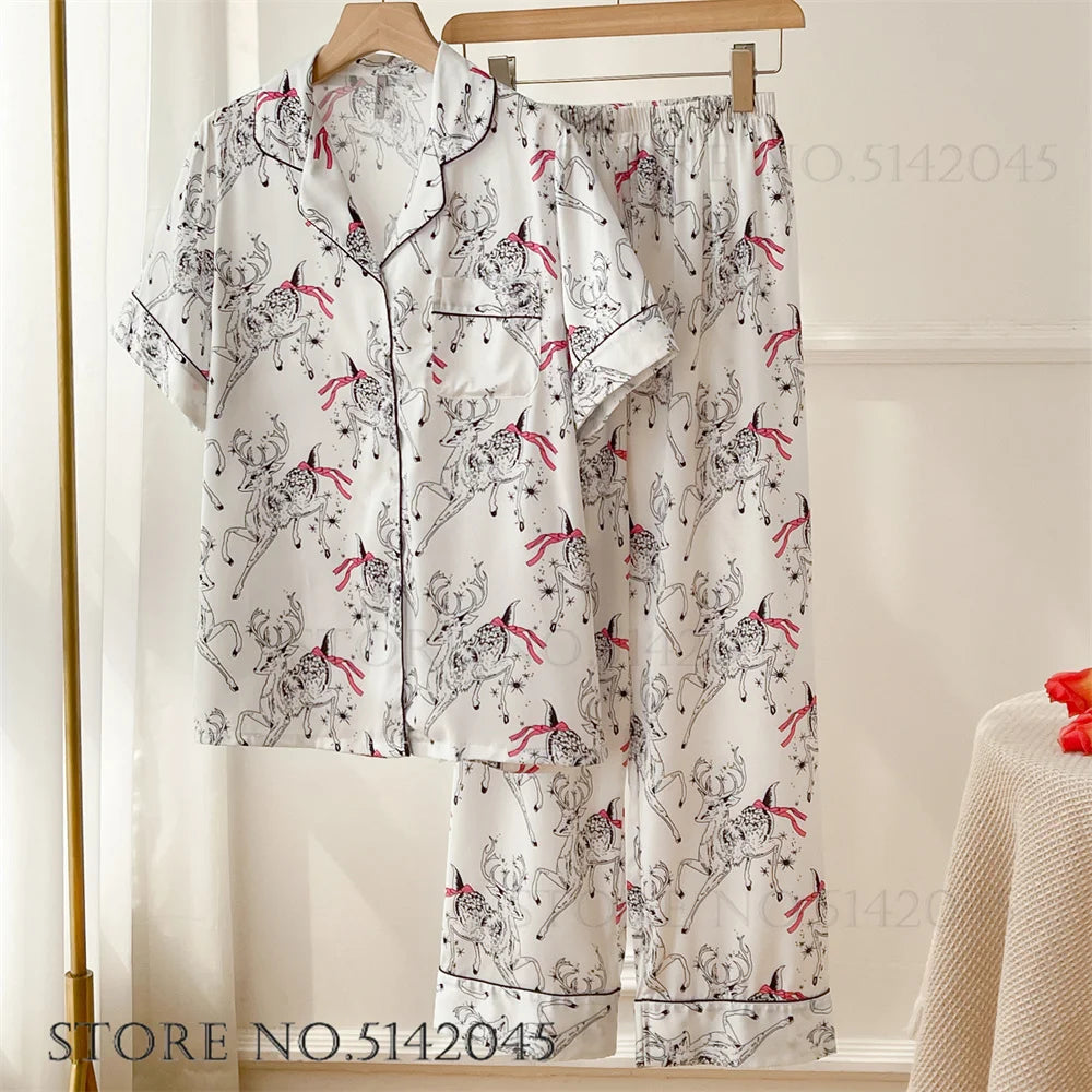 Fashion Print Flower 2PCS Pajamas Set - Women's Spring Summer Lounge Wear
