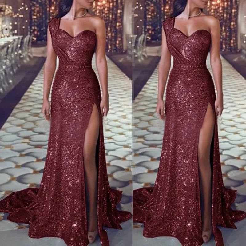 Explosive One-Shoulder Gold Hot Dress - Sexy Slit Long Dress